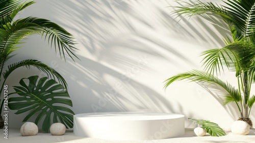 White podium stage on sandy beach for product presentation with palm leaves and white wall background