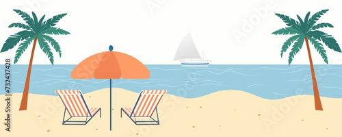 Umbrella with chairs on a sandy beach against the backdrop of the sea with a sailing yacht. Beach landscape in flat style. Sea shore vector illustration. Holidays on a paradise island.