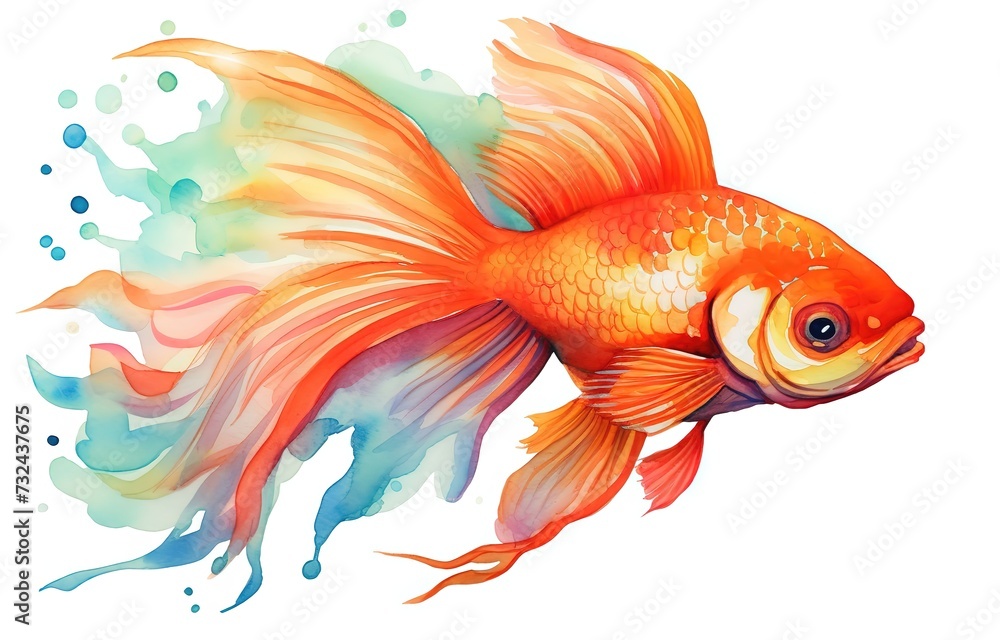 Fototapeta premium watercolor painting style illustration of goldfish swimming under water with color splash isolated on white background, Generative Ai