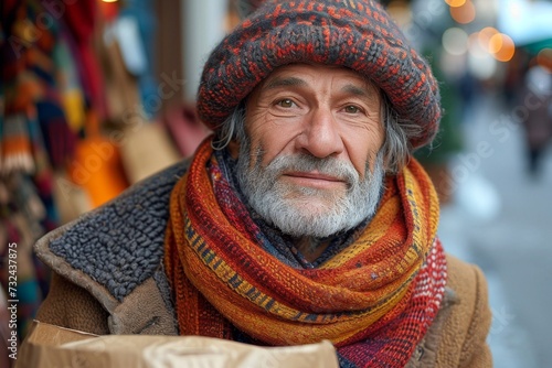 portrait of an elderly homeless man on a pedestrian street in the city. The concept of help and hope