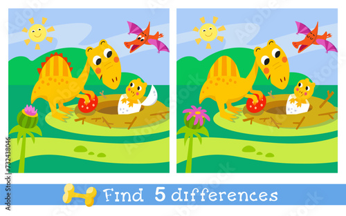 Cute cartoon dinosaur. Flat stylised isolated simple illustration. Find 5 differences. Educational puzzle game for children. Vector graphics.