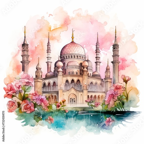 Islamic Watercolo mosqueand line art Muslim mosque watercolor looking with floral and rose belly.