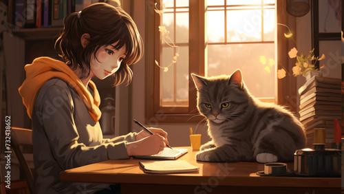 close up a shot of a korean girl and a big cat , british shot hair, are sitting at a table facing each other, the girl is studing with a pencil, and the cat is strating at it. photo