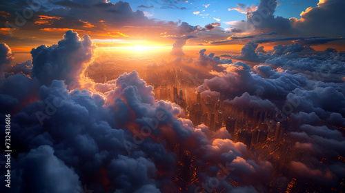 Dramatic scenic panorama of a modern city with skyscraper towers, storm clouds, and sun rising. Metropolis aerial top view on a sunset