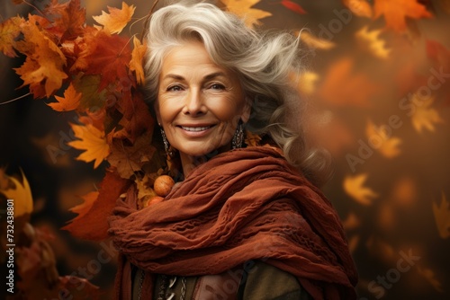 Smiling older woman with autumn leaves background. Adult female in casual fall outfit. Generate ai photo