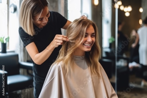 Female hairdresser standing and making hairstyle to cute lovely young woman in beauty salon