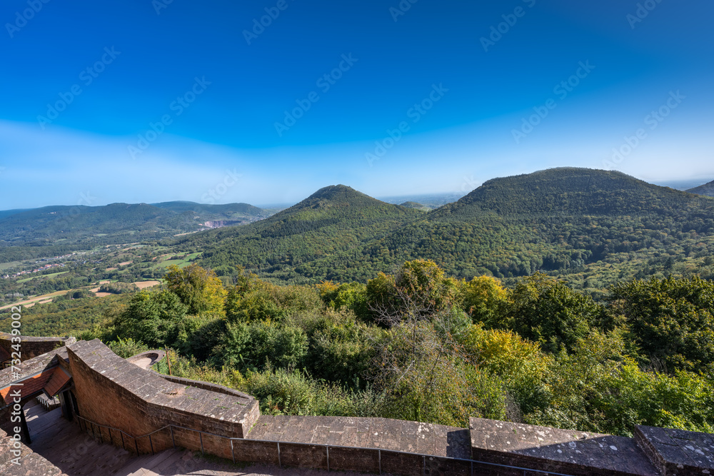 Magnificent view from Trifels Castle over the hills of the Palatinate Forest, above the southern Palatinate town Annweiler. Wasgau, Rhineland-Palatinate, Germany, Europe