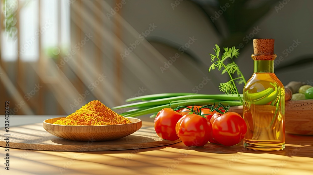 Front view round wooden board turmeric in small bowl green onions oil bottle green pepper tomatoes on table, realistic, HD, copy space - generative ai Front view round wooden board turmeric in small bowl green onions oil bottle green pepper tomatoes on table, realistic, HD, copy space - generative ai