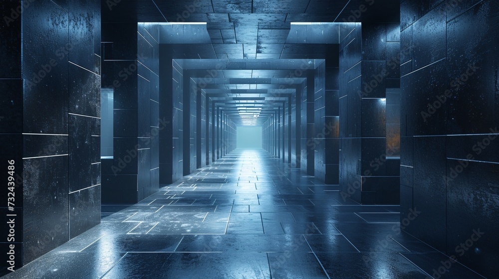 A futuristic tunnel with blue lighting and a row of pillars Generative AI