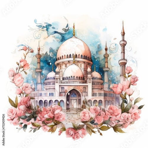 Islamic Watercolo mosqueand line art Muslim mosque watercolor looking with floral and rose belly. photo