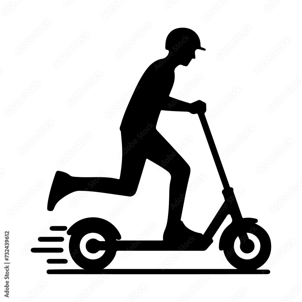 Two wheeled Kick scooter with Raider vector silhouette, black color silhouette, white background Two wheeled Kick scooter with Raider vector silhouette, black color silhouette, white background
