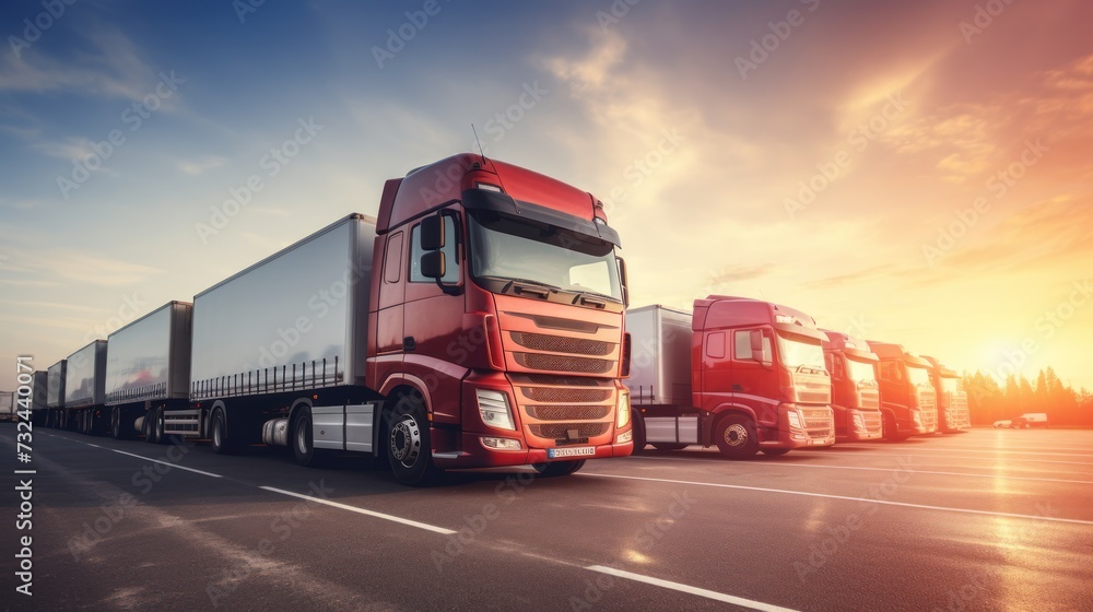 Trailer Trucks Parking lot, at font warehouse building, a blue sky background, International export business concept.