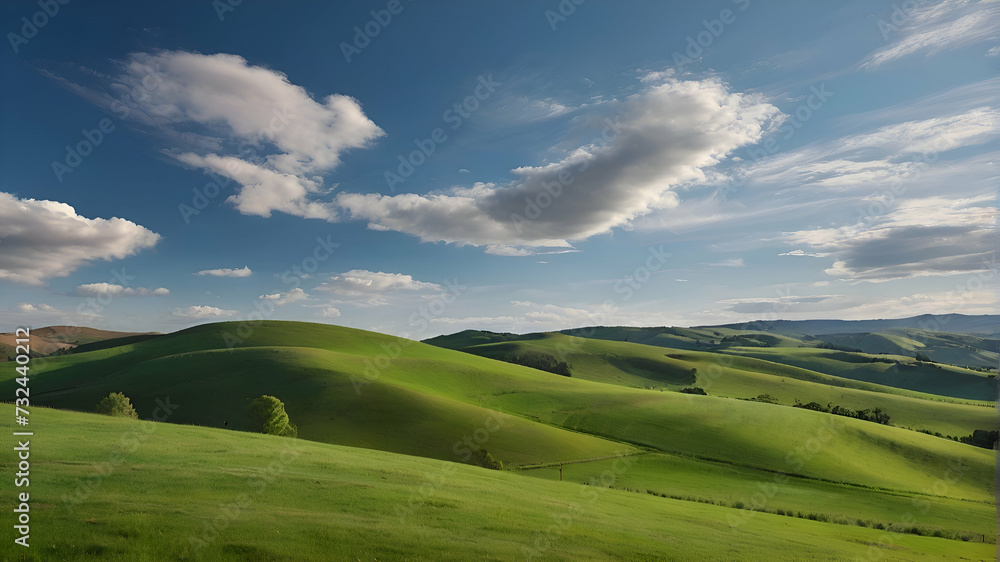 Idyllic Rolling Green Hills Under a Clear Blue Sky with Wispy Clouds. Tranquil Nature Landscape Concept