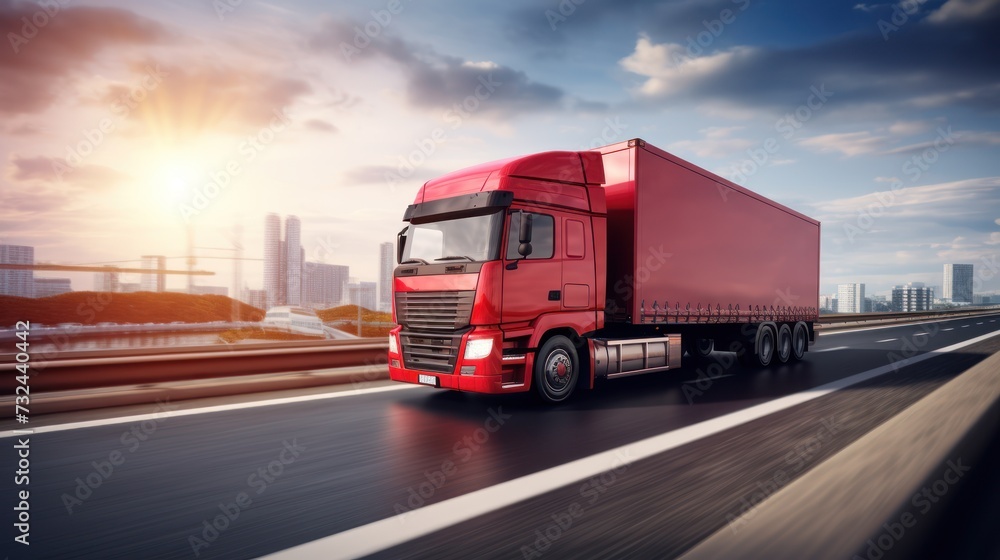 Logistics import export and cargo transportation industry concept of Container Truck run on a highway road at blue sky background with copy space,