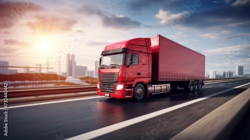 Logistics import export and cargo transportation industry concept of Container Truck run on a highway road at blue sky background with copy space,