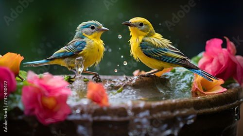 two birds on a branch with water drops 