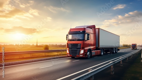 Logistics import export and cargo transportation industry concept of Container Truck run on a highway road with blue sky background with copy space, © inthasone