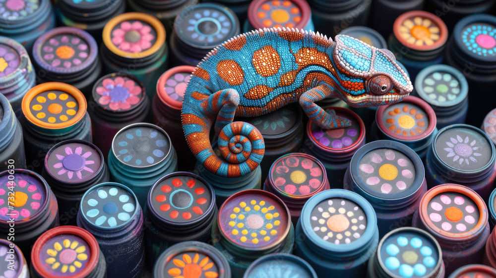 Chameleon on Paint Cans with Mandala Patterns.
A colourful chameleon crawls over paint cans adorned with intricate mandala patterns, blending art and nature.