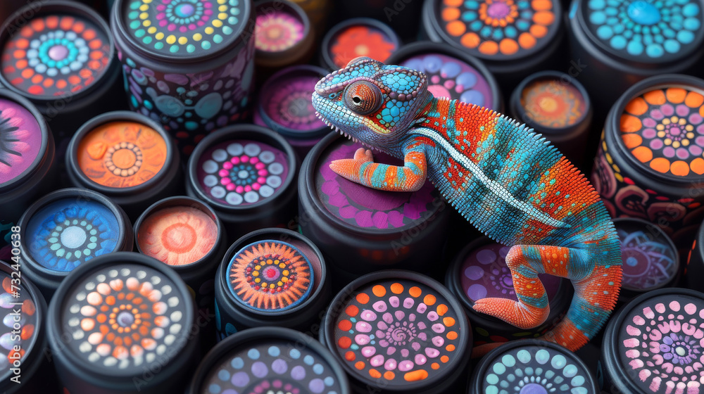 Chameleon on a Vibrant Array of Paint Cans.
A chameleon matches the vibrant hues of paint cans it perches on, showcasing the art of camouflage
