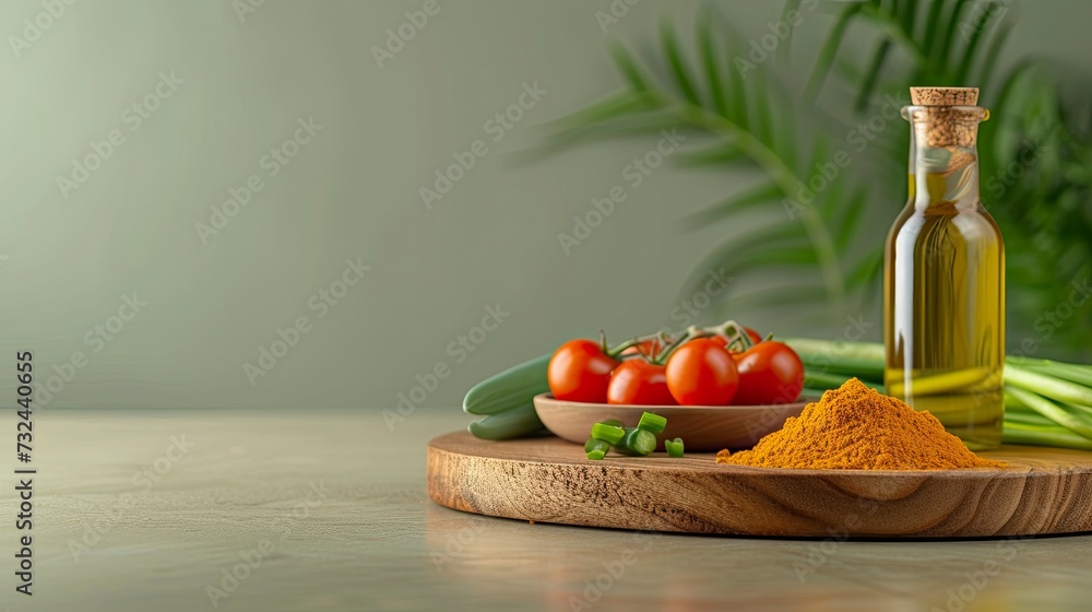 Front view round wooden board turmeric in small bowl green onions oil bottle green pepper tomatoes on table, realistic, HD, copy space - generative ai Front view round wooden board turmeric in small bowl green onions oil bottle green pepper tomatoes on table, realistic, HD, copy space - generative ai