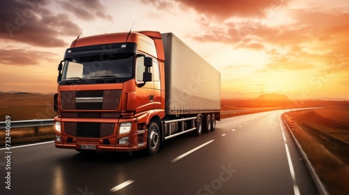 The logistics import export and cargo transportation industry concept of the Container Truck runs on a highway road at sunset blue sky background with copy space,