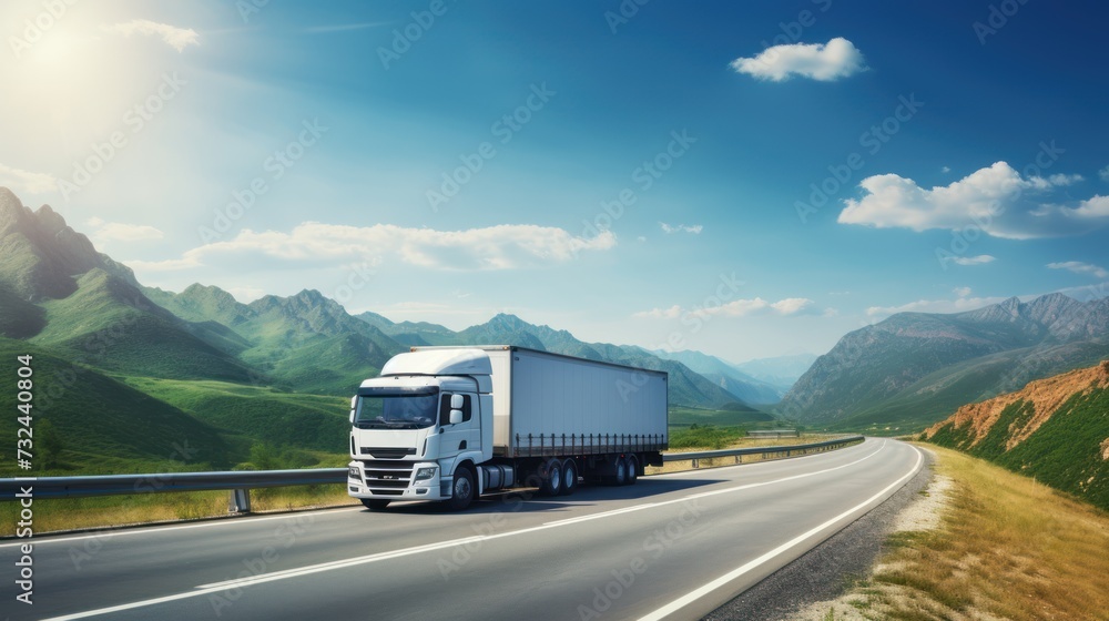 Logistics import export and cargo transportation industry concept of Container Truck runs on a Mountain road with a blue sky background, city background with copy space.