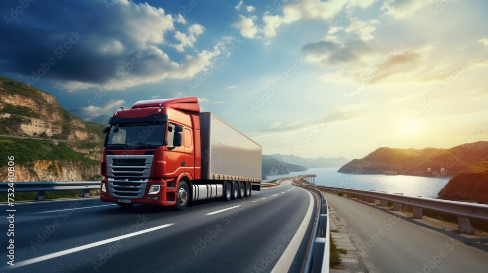 Logistics import export and cargo transportation industry concept of Container Truck runs on a View of road by the sea with with a blue sky background, city background with copy space.