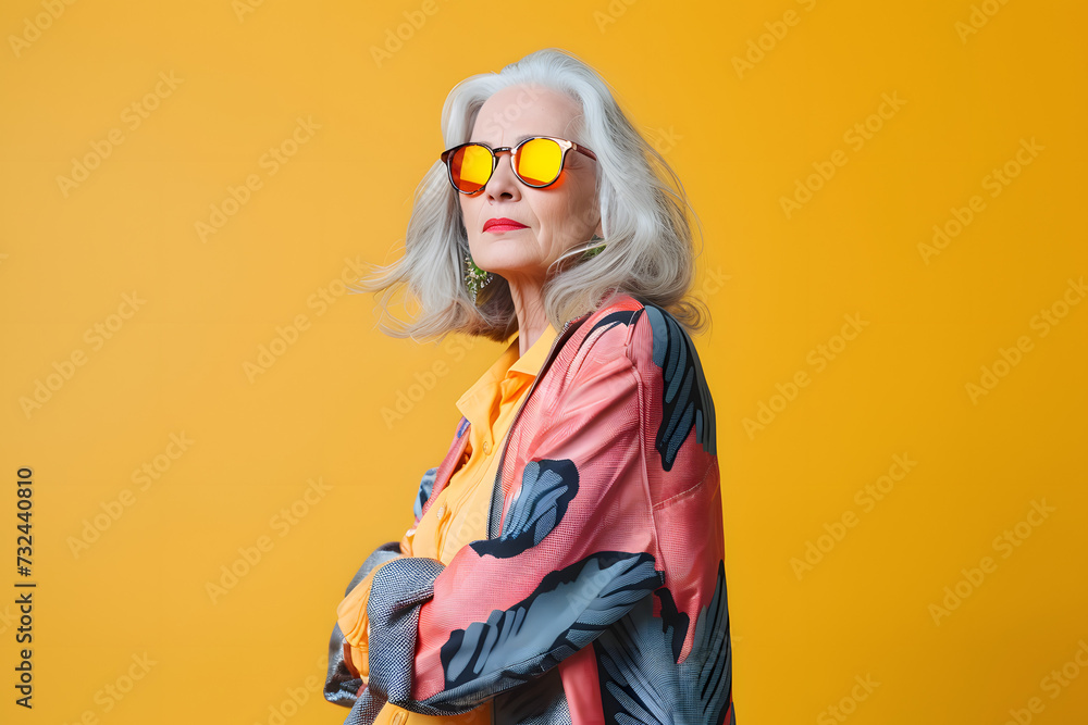 Senior woman in creative outfit, isolated studio color background 
