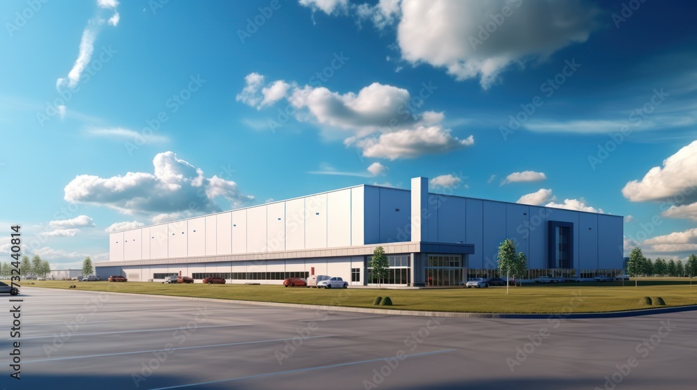 Logistics warehouse building, a blue sky background,
