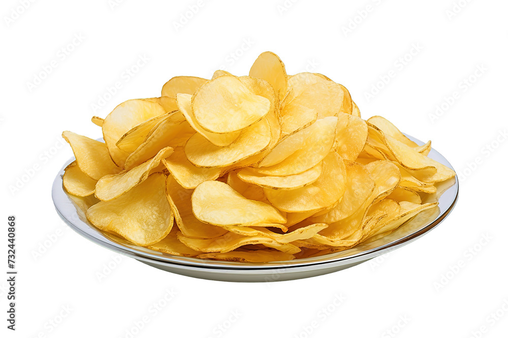 Potato chips with seasonings pour out of the plate isolated on a Transparent background. Generative AI Potato chips with seasonings pour out of the plate isolated on a Transparent background. Generative AI
