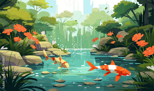 peaceful Japanese garden with koi pond vector isolated illustration