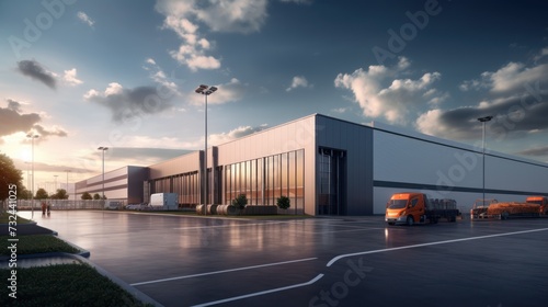 Logistics warehouse building, sunset, a blue sky background,