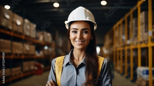 Portrait of a beautiful woman worker in the warehouse, Wear a white safety helmet and safety gear Wear safety glasses.