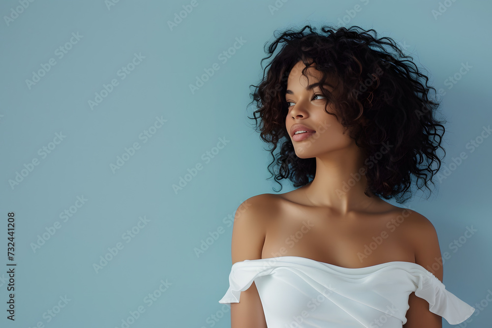 Beautiful young woman with stretch marks on her body against light blue background with space for text Beautiful young woman with stretch marks on her body against light blue background with space for text