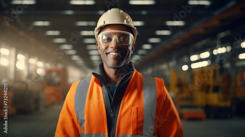 Portrait of African American worker in warehouse, Wear a white safety helmet and safety gear,Wear safety glasses.