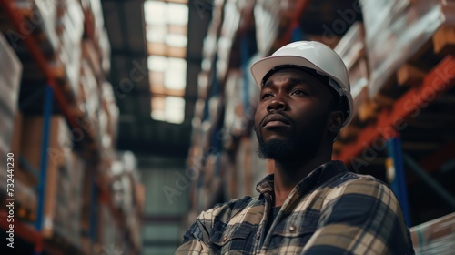 Portrait of African American worker in warehouse, Wear a white safety helmet and safety gear,Wear safety glasses.