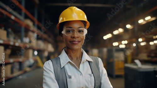 Portrait of the African American women worker in the warehouse, Wearing a white safety helmet and safety gear, Wearing safety glasses, and Standing with arms crossed.