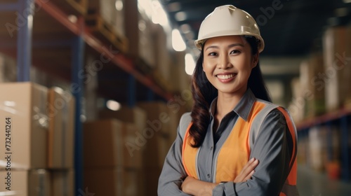 Portrait of the Asia women worker in the warehouse, Wearing a white safety helmet and safety gear, Wearing safety glasses, and Standing with arms crossed. © inthasone