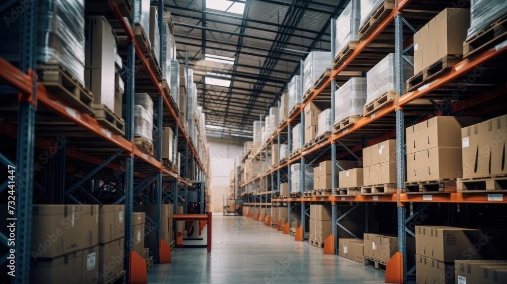 Rows of shelves with goods boxes in modern industry warehouse store at factory warehouse storage