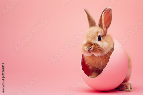 Cute Easter bunny hatching from pink Easter egg isolated on pastel pink background with copy space, Happy Easter banner with adorable rabbit 