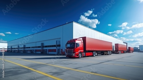 Trailer Trucks Parking lot, at font warehouse building, a blue sky background, International export business concept. © inthasone