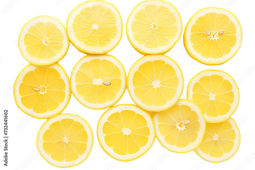 Many fresh juicy lemon slices isolated on a Transparent background. Generative AI