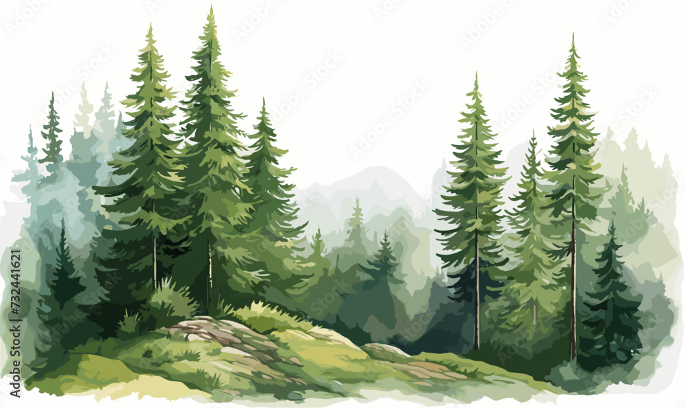 Watercolor Forest tree illustration. Mountain landscape. Woodland pine trees. Green Forest.