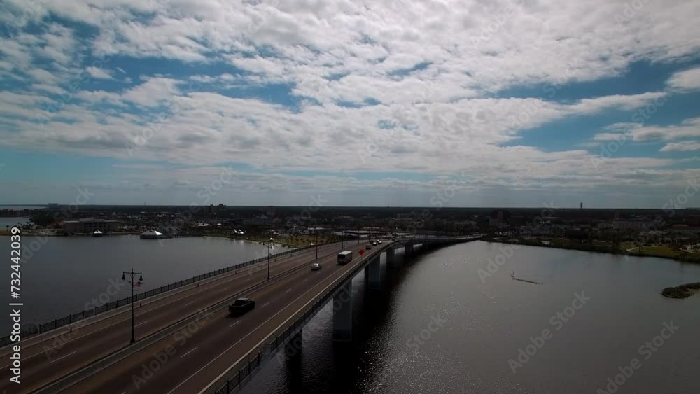 Aerial: Drone Shot Of Cars Moving On Broadway Bridge In City, Drone Flying Forward Over Halifax River - Daytona Beach , Florida Aerial: Drone Shot Of Cars Moving On Broadway Bridge In City, Drone Flying Forward Over Halifax River - Daytona Beach , Florida