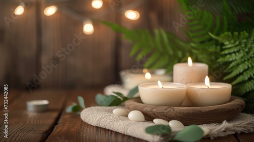Handmade natural candles showcased on a wooden background. Simplicity and charm of the candles, organic background.