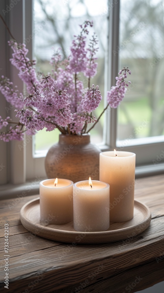 Handmade natural candles showcased on a wooden background. Simplicity and charm of the candles, organic background.