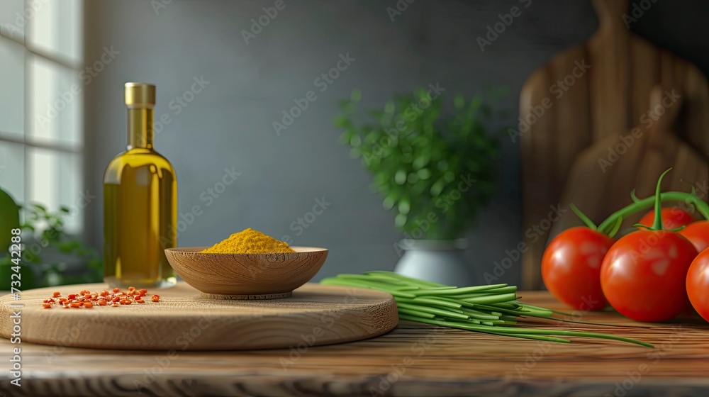 Front view round wooden board turmeric in small bowl green onions oil bottle green pepper tomatoes on table, realistic, HD, copy space - generative ai Front view round wooden board turmeric in small bowl green onions oil bottle green pepper tomatoes on table, realistic, HD, copy space - generative ai