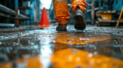 Ignoring the bright yellow caution sign, the worker's shoes lost traction on the slick cement, sending him tumbling into a hazardous fall amidst the construction debris.
