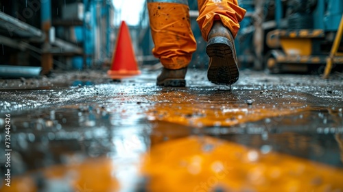 Ignoring the bright yellow caution sign, the worker's shoes lost traction on the slick cement, sending him tumbling into a hazardous fall amidst the construction debris. photo