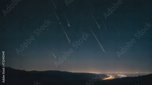 view of a city at night with a long exposure of shooting stars,
